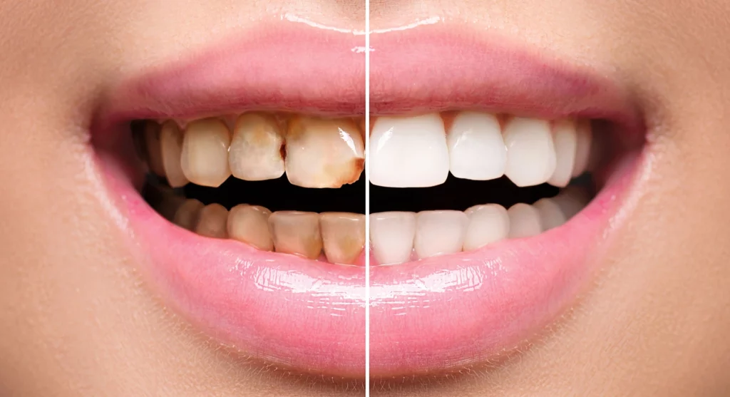Vorher-nachher Bild mit Veneers zeigt Verwandlung von verfärbten zu weißen Zähnen – Smilezone Zug sorgt für perfektes Lächeln.