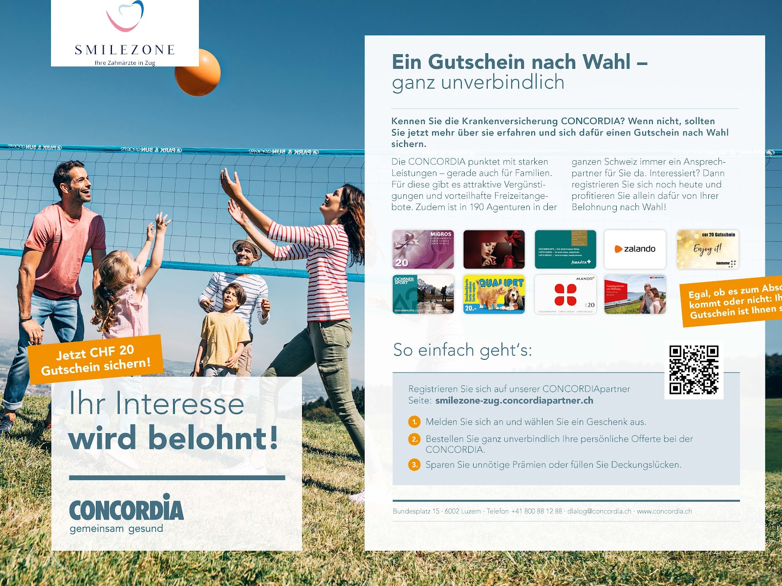 Zusammenarbeit von Smilezone und CONCORDIA: Versicherungsberatung mit CHF-20-Gutschein nach Wahl