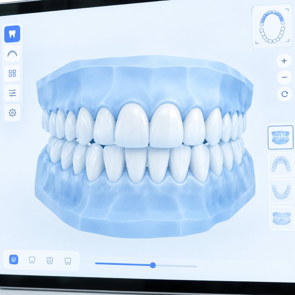 Tablet-Bildschirm mit stilisiertem, hellblauem 3D-Modell eines Gebisses
