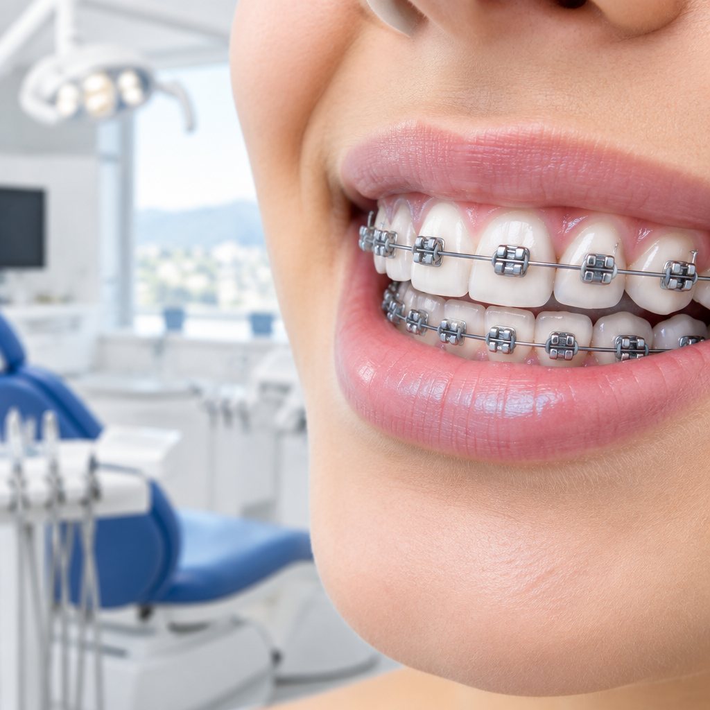 Lächelnder Mund, obere und untere Zähne mit silbernen Metall-Brackets und Draht