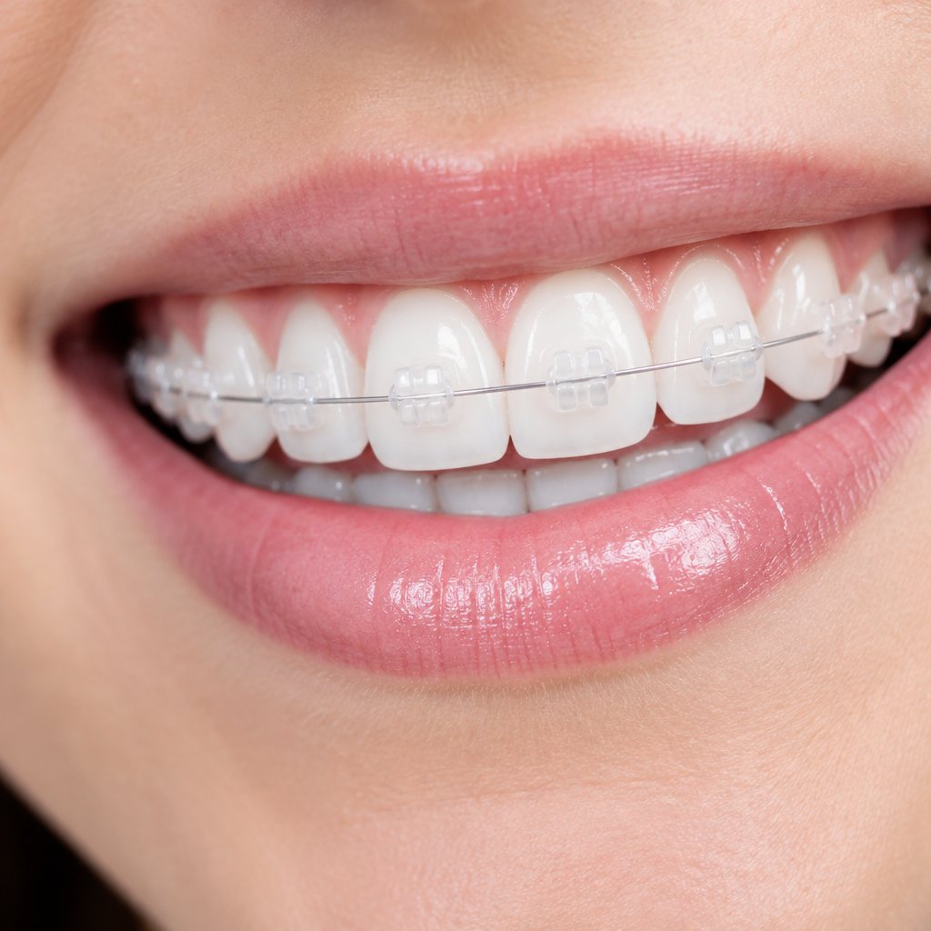 Lächelnder Mund, gerade Zähne mit weissen Keramik-Brackets und dünnem Draht